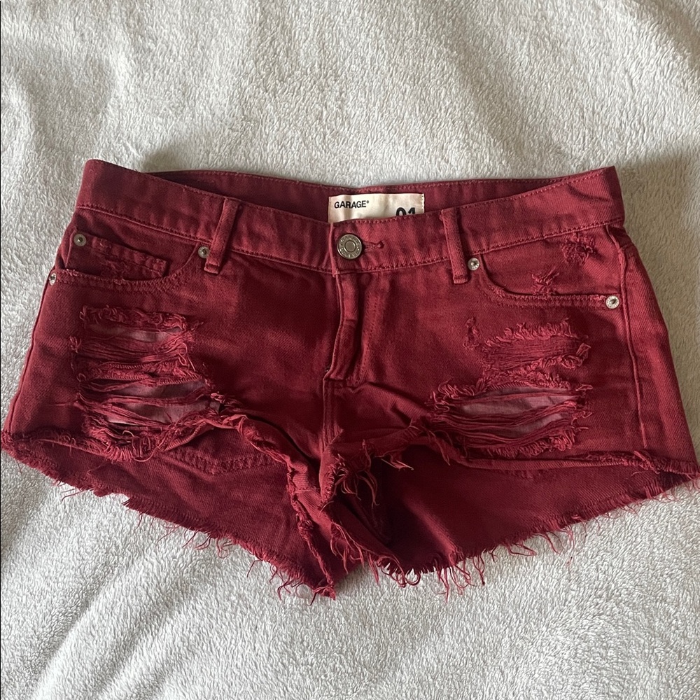 Garage Women's Distressed Wine Red Denim Cutoff Shorts